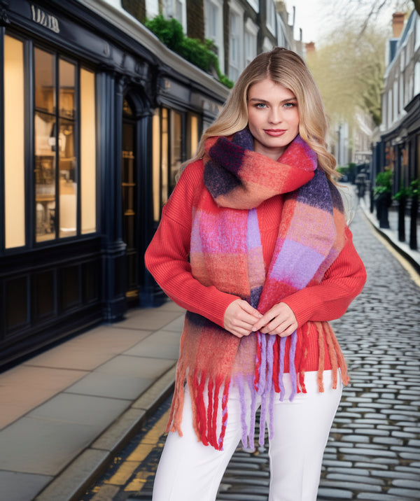 Leah - Multicoloured Checked Blanket Scarf with Twisted Fringes