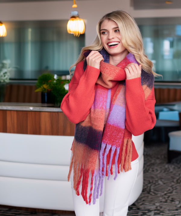Leah - Multicoloured Checked Blanket Scarf with Twisted Fringes