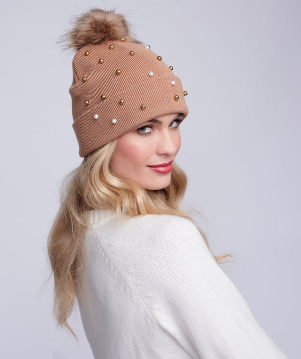 Lovato - Beige Pearl Embellished Knitted Beanie Hat
