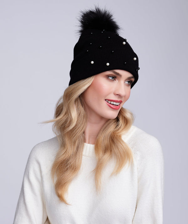Lovato - Black Pearl Embellished Knitted Beanie Hat