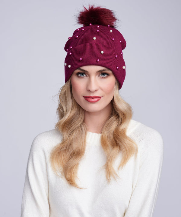 Lovato - Burgundy Pearl Embellished Knitted Beanie Hat