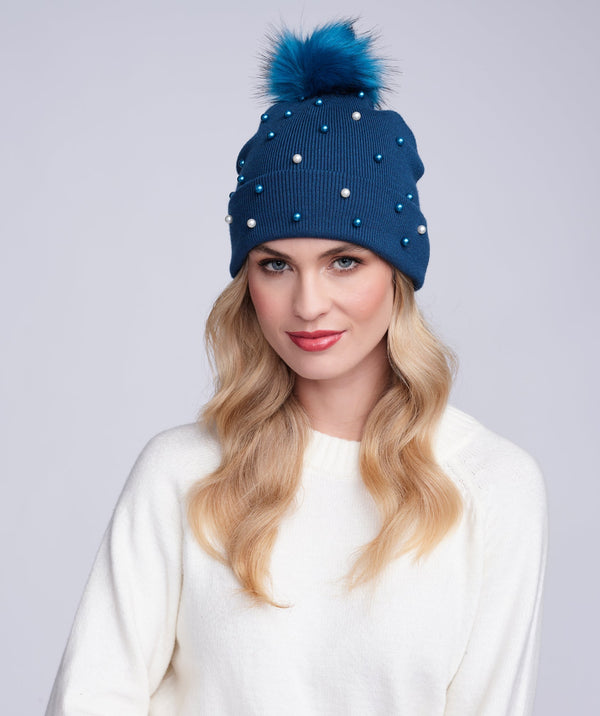 Lovato - Teal Pearl Embellished Knitted Beanie Hat