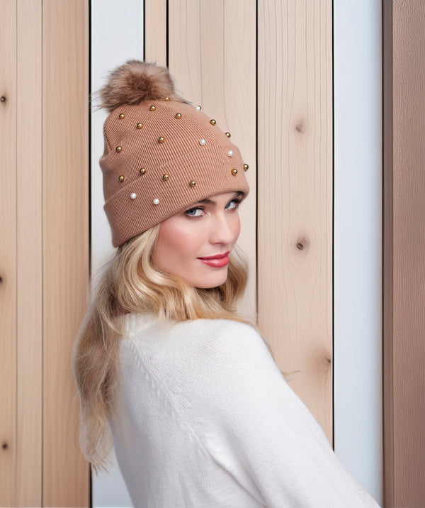 Lovato - Beige Pearl Embellished Knitted Beanie Hat