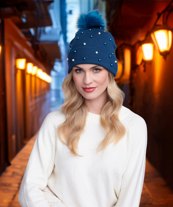 Lovato - Teal Pearl Embellished Knitted Beanie Hat