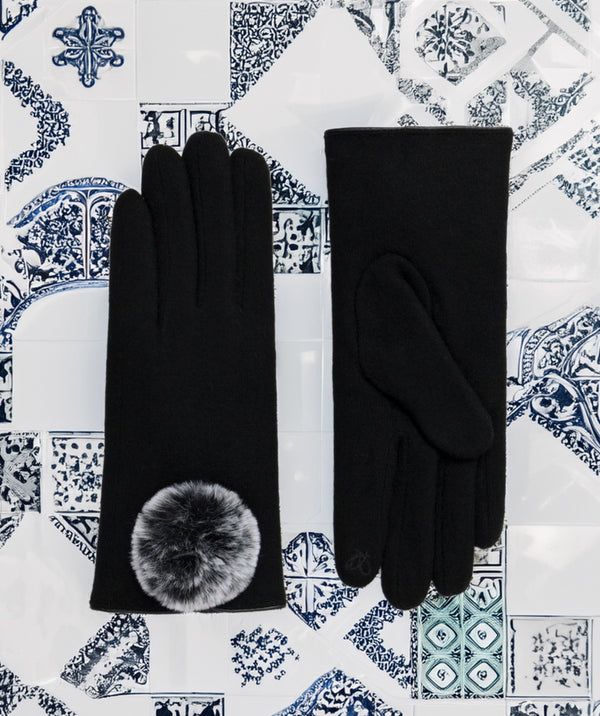 Lucia - Gants à écran tactile noir avec fausse fourrure Pom Pom