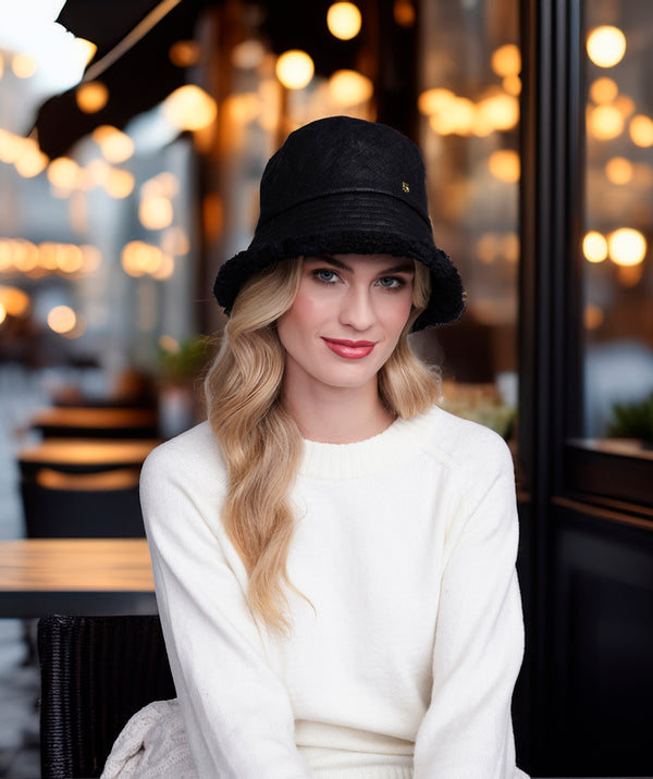 Lucinda - Black Quilted Faux Suede Hat with Faux Fur Trim