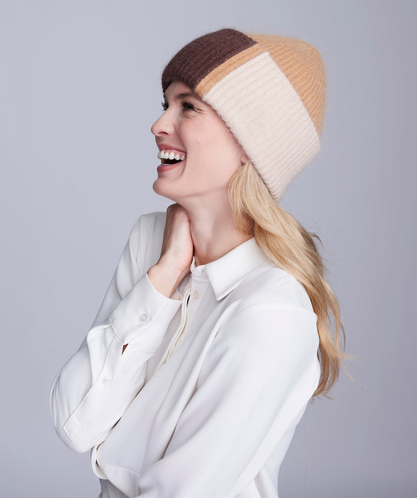 Lucy - Camel Brown Cream Chunky Knit Beanie Hat