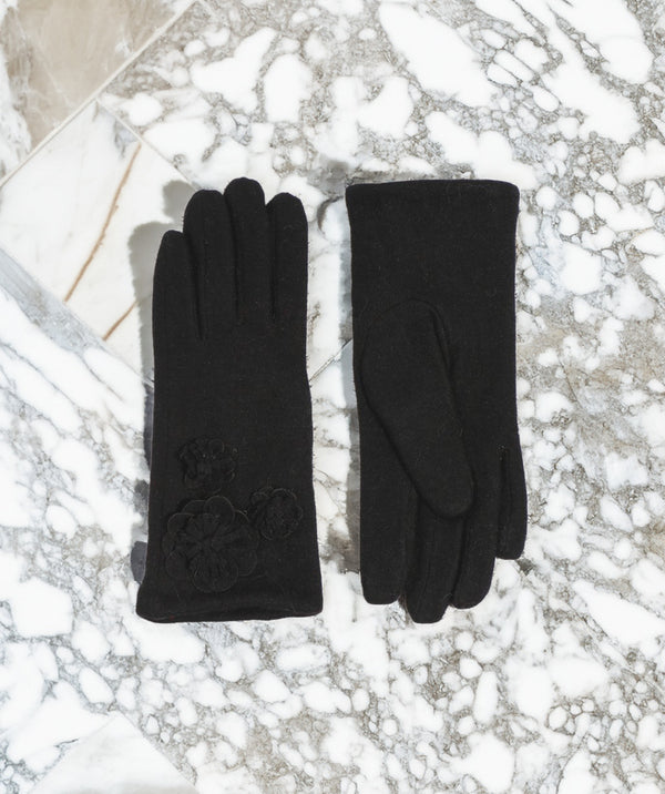 Lyla - Black Wool Glove with 3D Floral Motifs