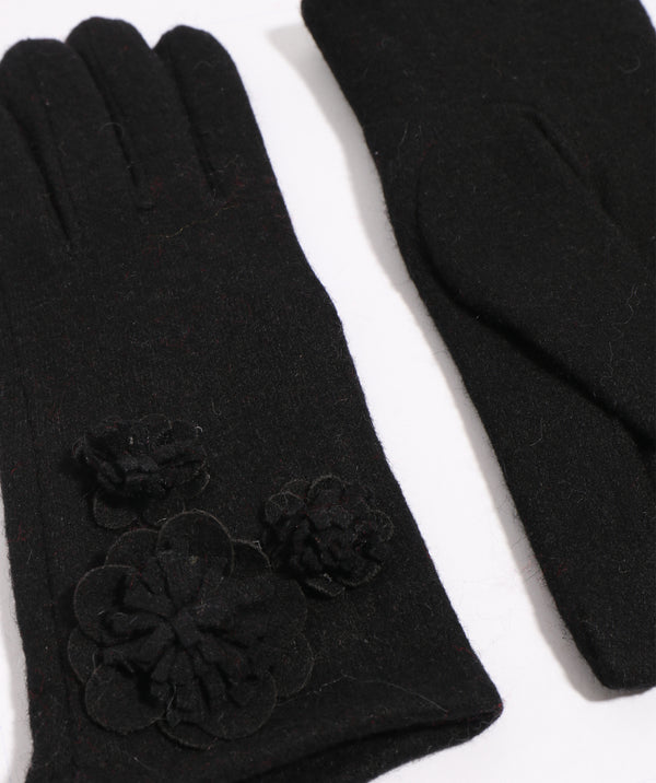 Lyla - Black Wool Glove with 3D Floral Motifs