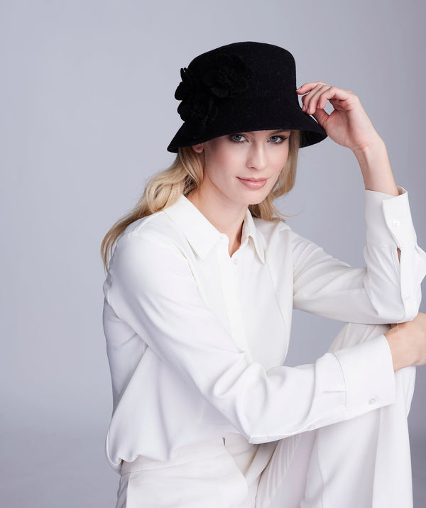 Lyla - Black Bucket Hat with Flower Embellishments