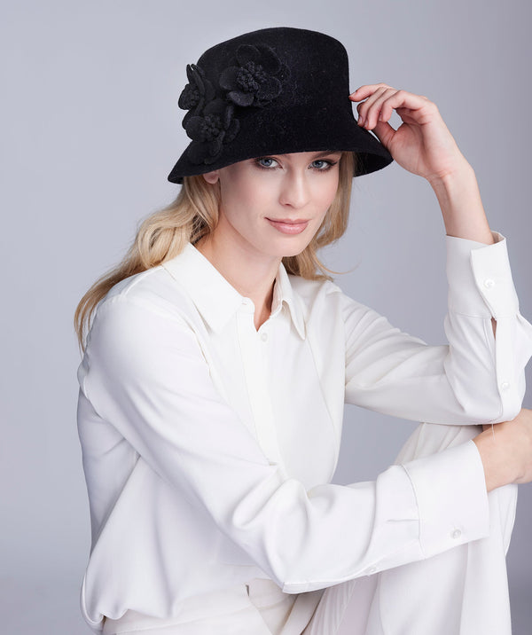 Lyla - Black Bucket Hat with Flower Embellishments