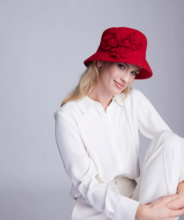 Lyla - Red Bucket Hat with Flower Embellishment and Adjustable Size Strings
