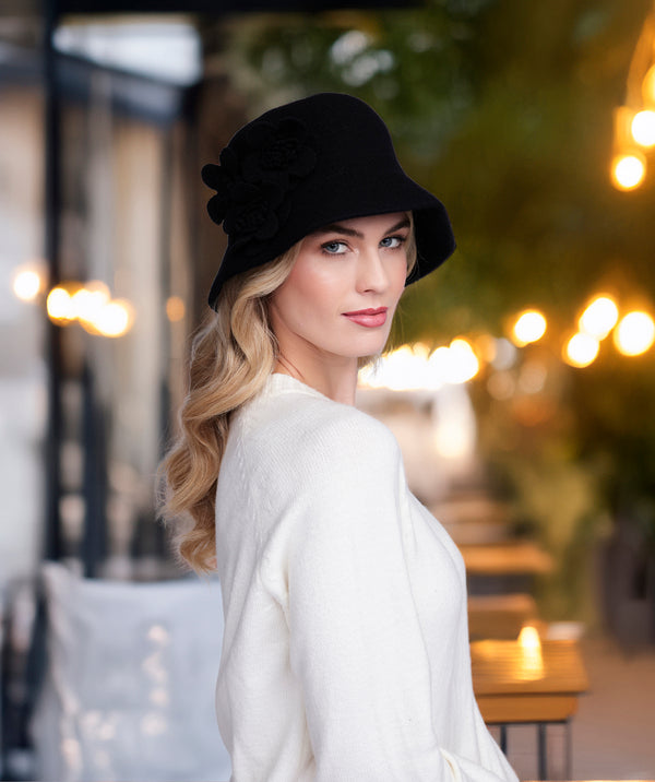 Lyla - Black Bucket Hat with Flower Embellishments