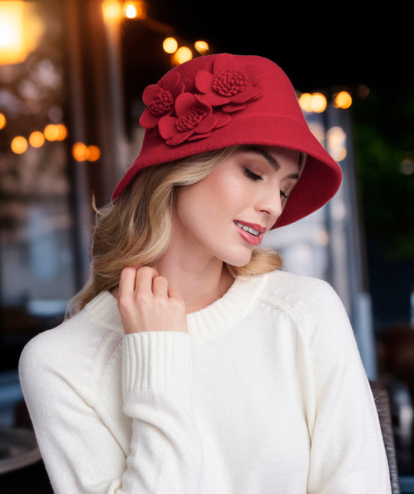 Lyla - Red Bucket Hat with Flower Embellishment and Adjustable Size Strings