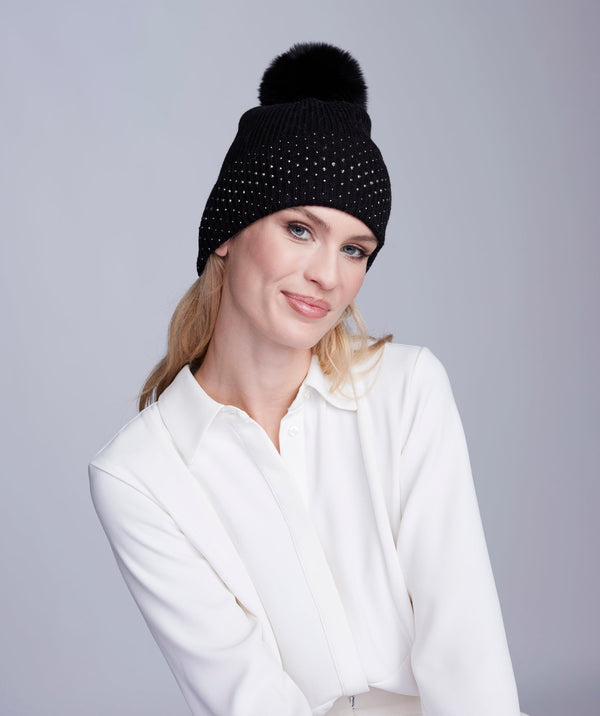 Maeve - Black Beanie Hat with Faux Fur Pom Pom and Embellishment