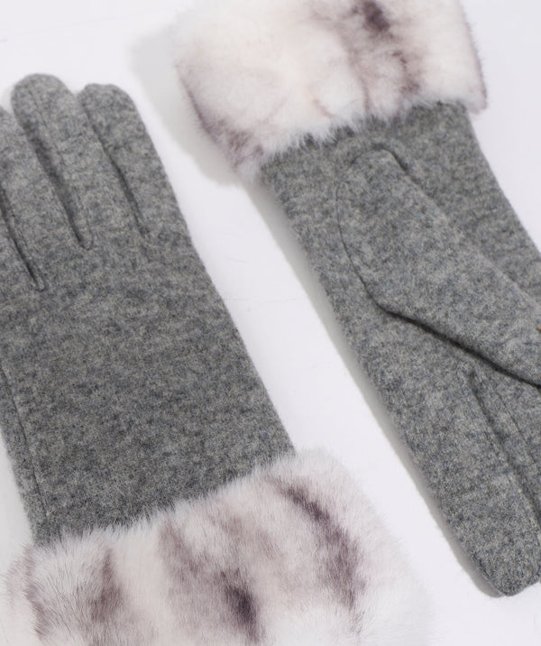 Marilyn - Silbergraue Wollhandschuhe mit Ombre Faux Fell Manschette