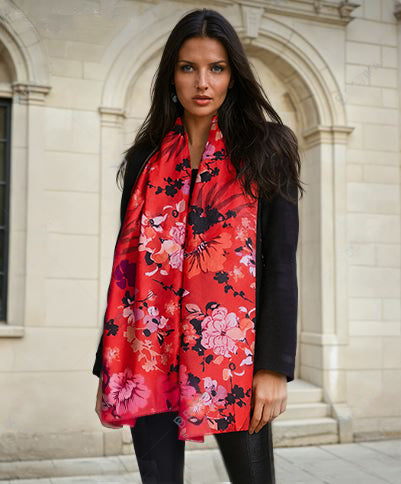 Marlowe - Red Floral Print Pashmina with Feather Fringing