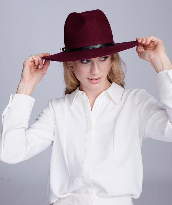 Miriam- Burgundy Wool Fedora Hat with Faux Leather Belt Band