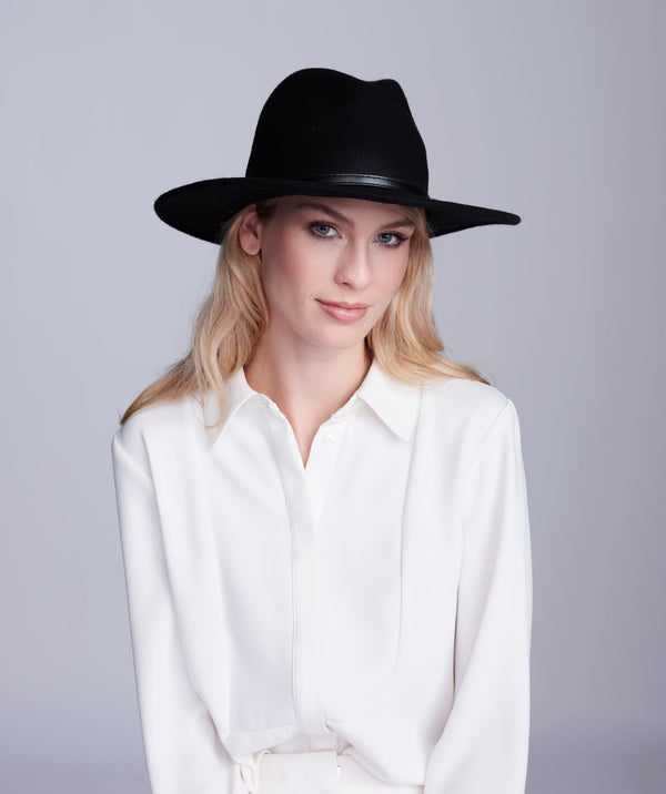 Miriam - Black Wool Fedora Hat with Faux Leather Belt Band
