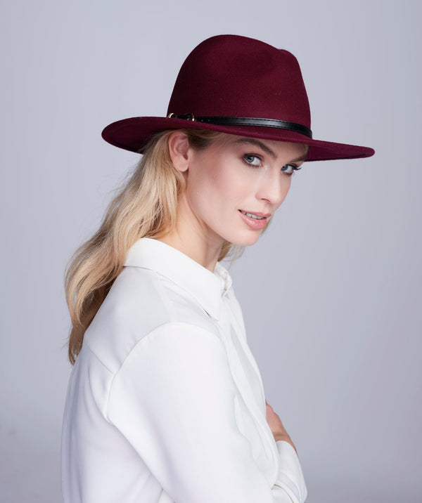 Miriam- Burgundy Wool Fedora Hat with Faux Leather Belt Band