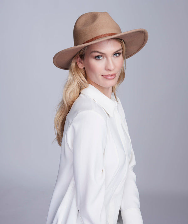 Miriam - Camel Wool Fedora Hat with Faux Leather Belt Band