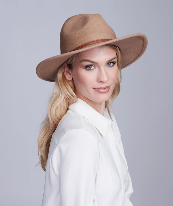 Miriam - Camel Wool Fedora Hat with Faux Leather Belt Band
