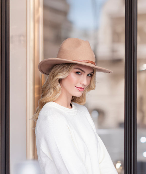 Miriam - Camel Wool Fedora Hat with Faux Leather Belt Band