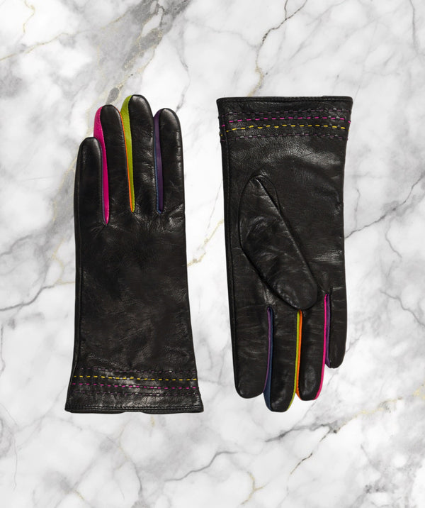 Montreal - Black Kid Leather Gloves with Coloured Fingers
