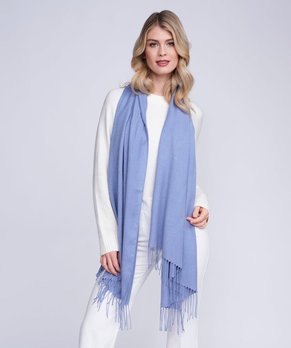 Pia - Denim Blue Italian Pashmina with Twisted Fringes