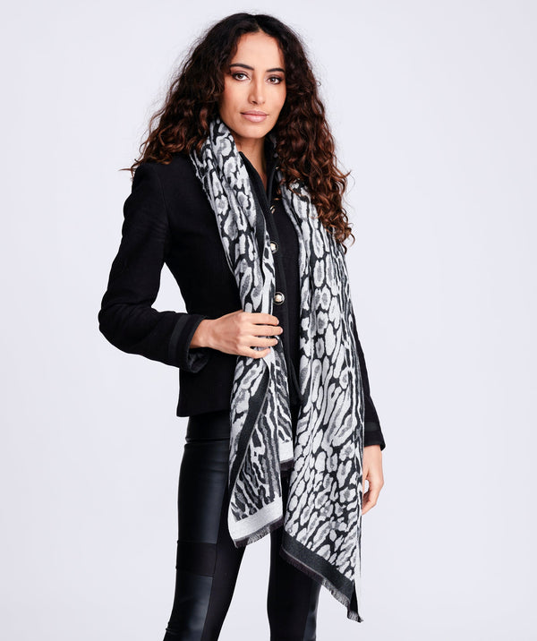 Garcelle - Reversible Black Grey Animal Print Winter Scarf