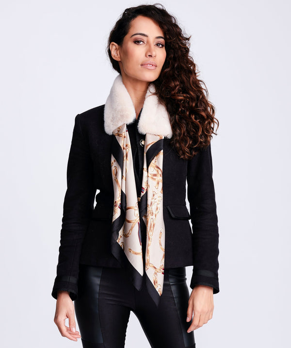 Gracen - Cream Faux Fur Collar with Satin Chain Print Tie Scarf