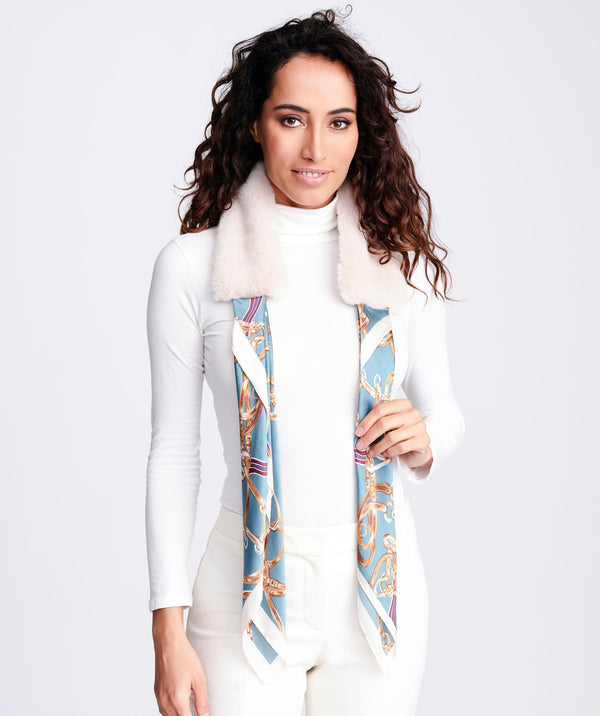 Gracen - Teal Faux Fur Collar with Satin Chain Print Tie Scarf