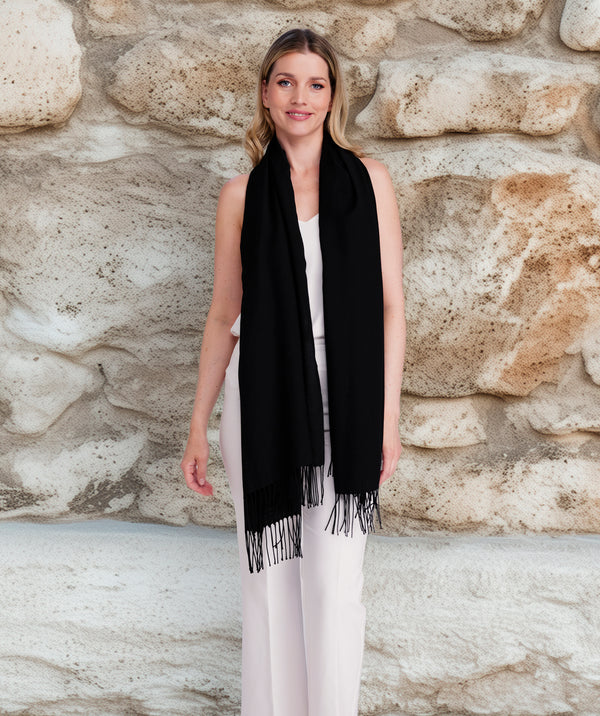 Pia - Black Italian Pashmina with Twisted Fringes