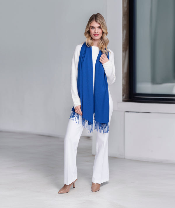 Pia - Azure Blue Italian Pashmina with Twisted Fringes