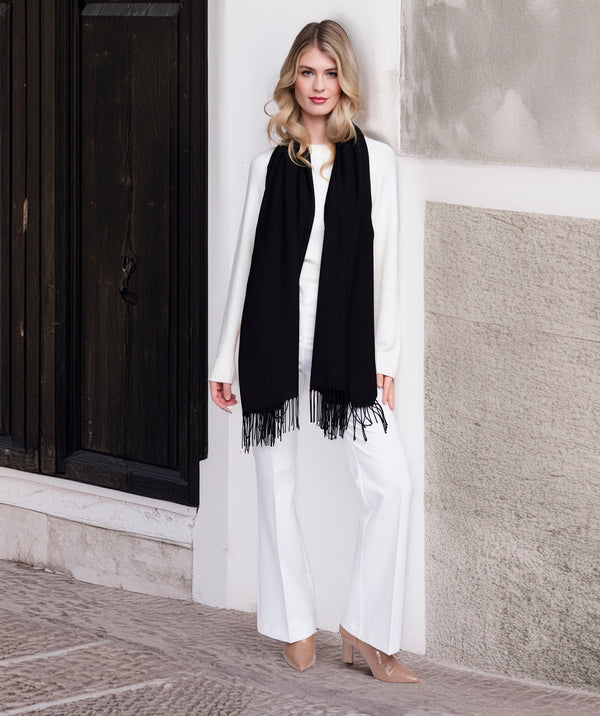 Pia - Black Italian Pashmina with Twisted Fringes