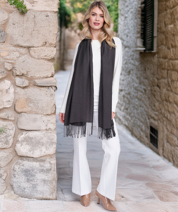 Pia - Charcoal Italian Pashmina with Twisted Fringes