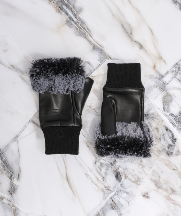 Pippa - Black Faux Leather Fingerless Gloves