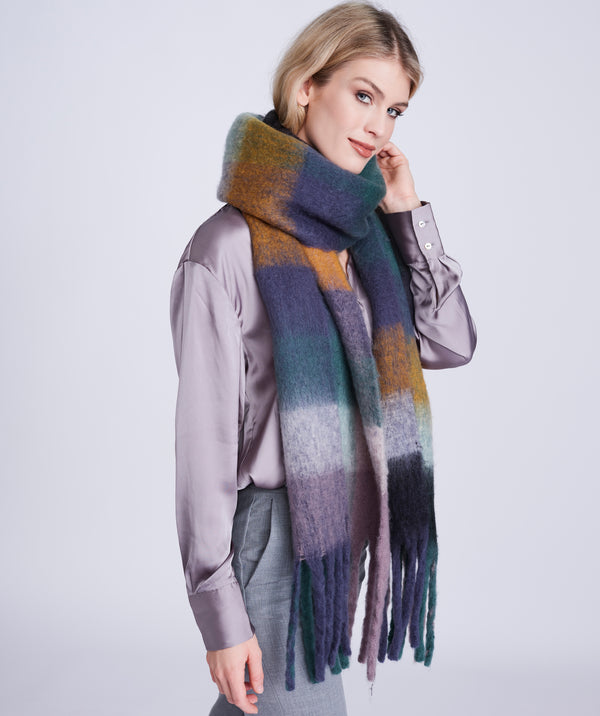 Quinn - Super Soft Navy Striped Blanket Scarf with Twisted Fringes