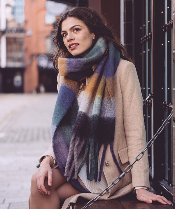 Quinn - Super Soft Navy Striped Blanket Scarf with Twisted Fringes