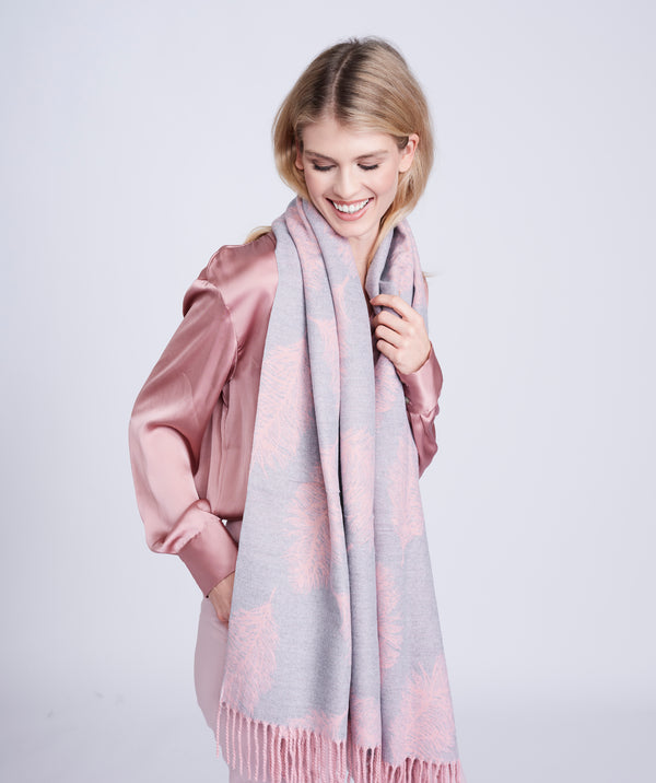 Raquela - Grey Pink Cashmere Feel Scarf with Twisted Fringes