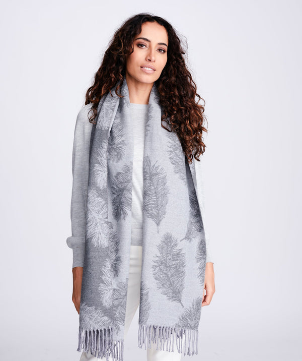 Raquela - Reversible Cashmere Feel Silver Grey Printed Scarf with Twisted Fringes