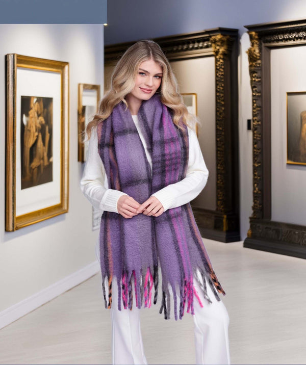 Robyn - Purple Check Blanket Scarf with Fringed Trim