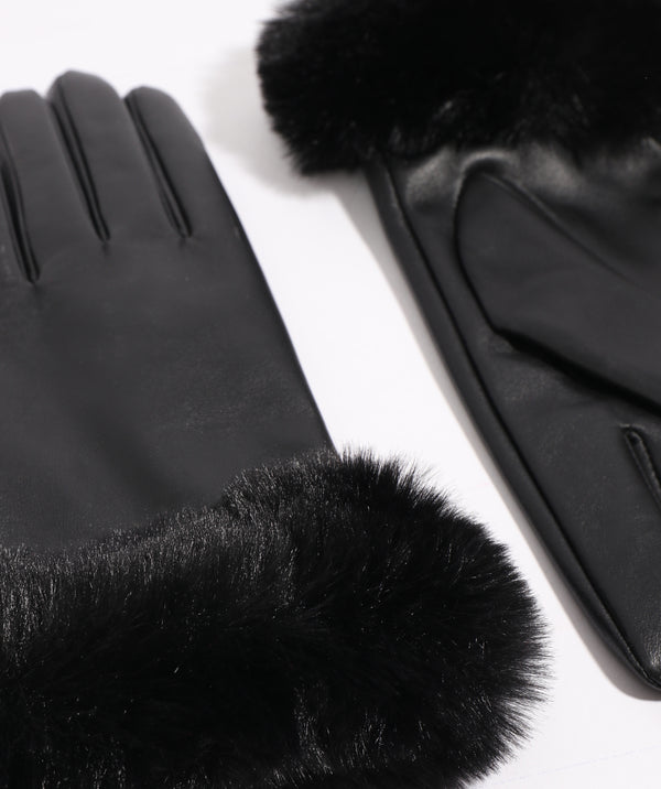 Roma - Black Lined Leather Gloves with Faux Fur Cuff