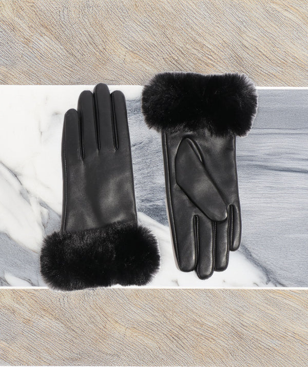 Roma - Black Lined Leather Gloves with Faux Fur Cuff