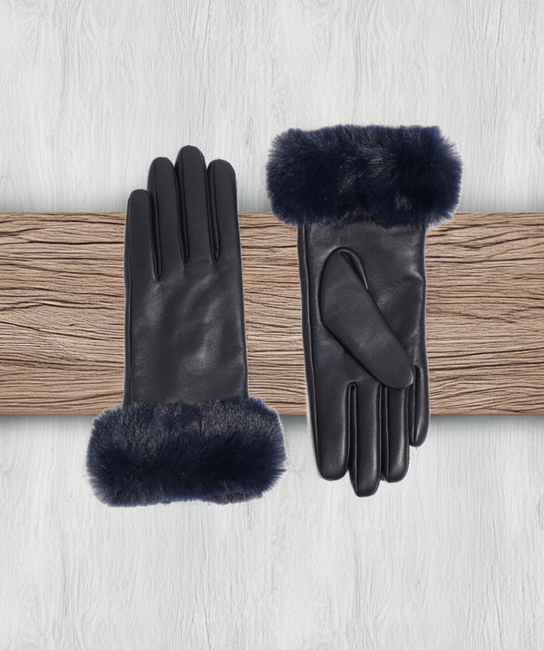 Roma - Navy Lined Leather Gloves with Faux Fur Cuff