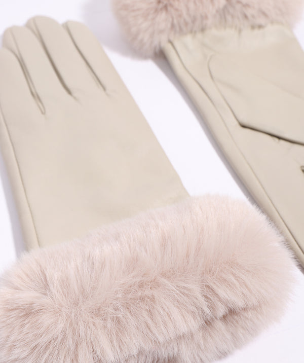 Roma - Beige Lined Leather Gloves with Faux Fur Cuff