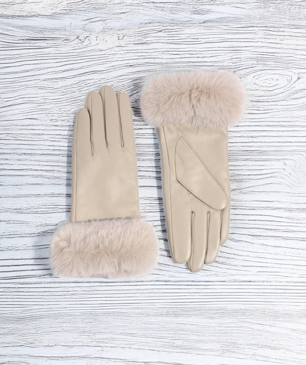 Roma - Beige Lined Leather Gloves with Faux Fur Cuff