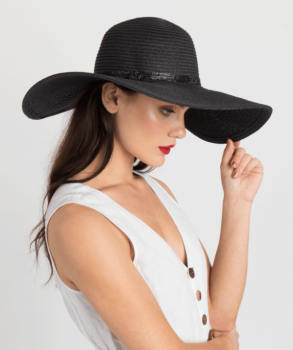 Romero - Black Wide Brim Straw Hat with Rhinestone Belt