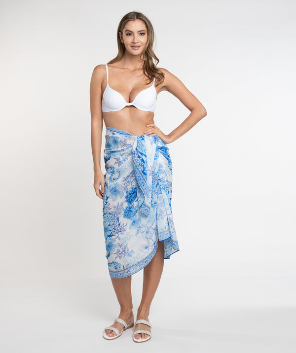 Blue Floral Print Sarong in Lightweight Crease-Free Fabric