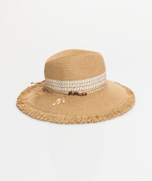 Natural Fringed Straw Fedora Hat with Beaded Embellishment